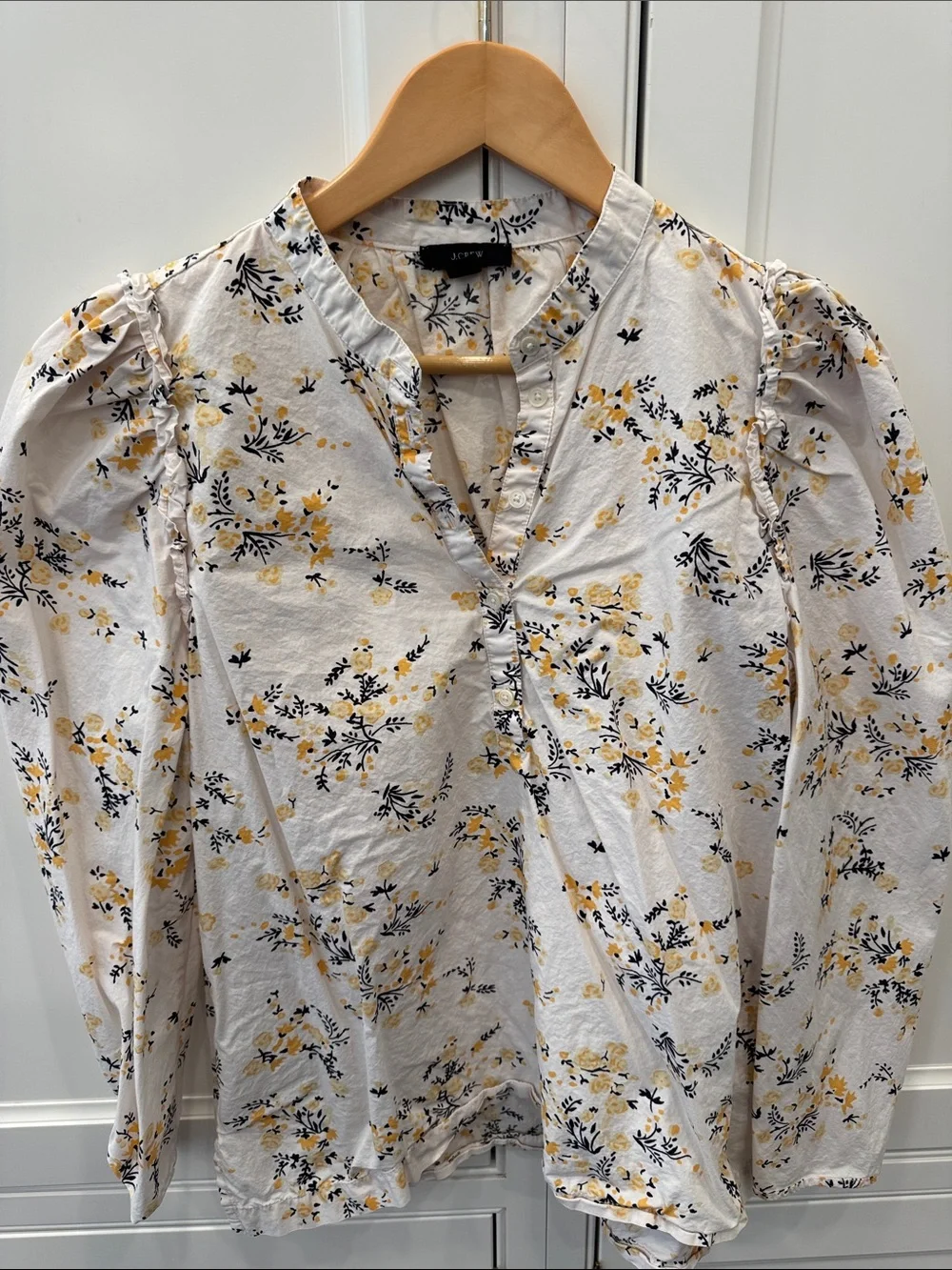 J. Crew Cream Popover Blouse with Yellow and Black Floral Print